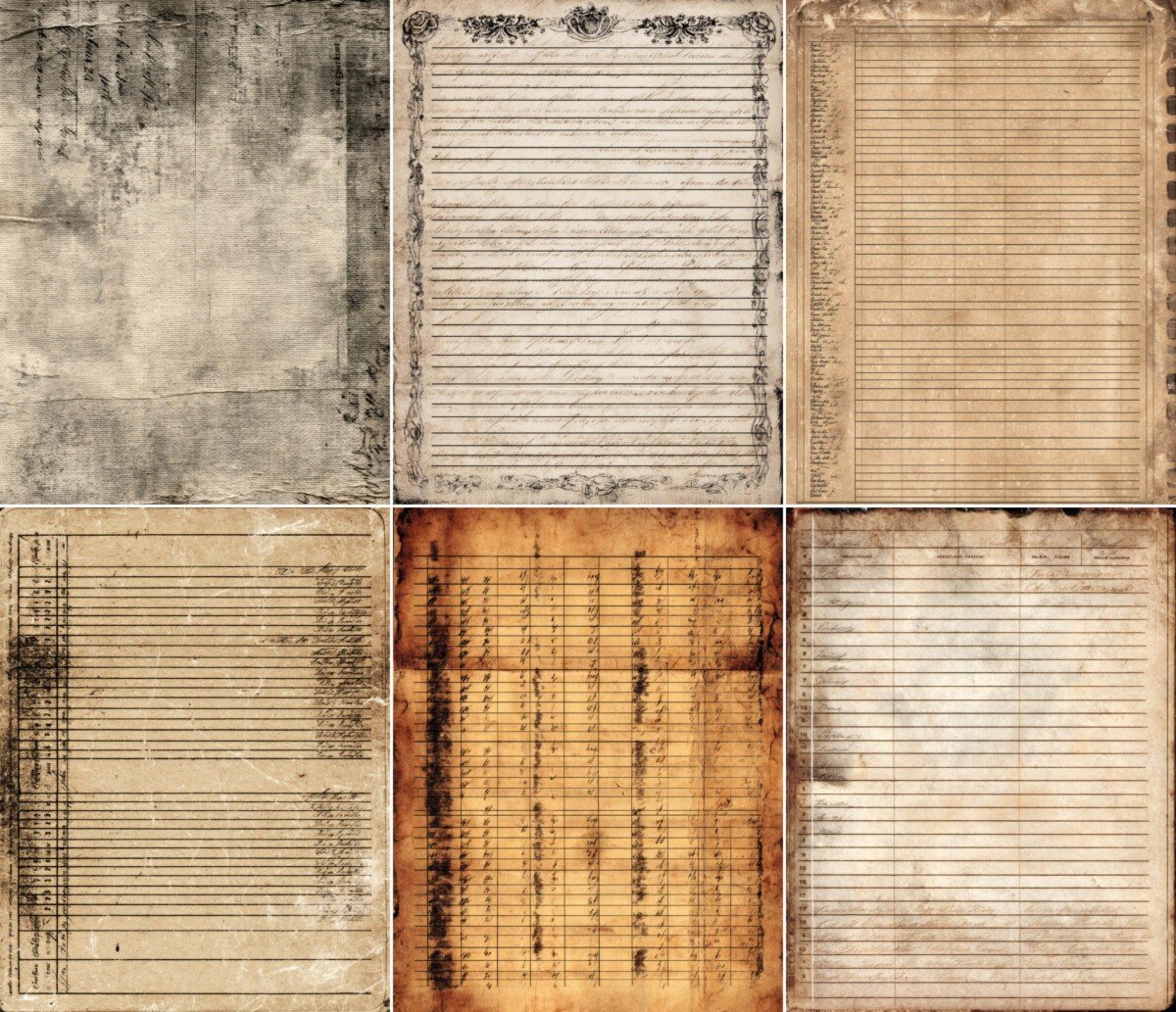 Distressed library ledger backgrounds in charcoal cream and amber