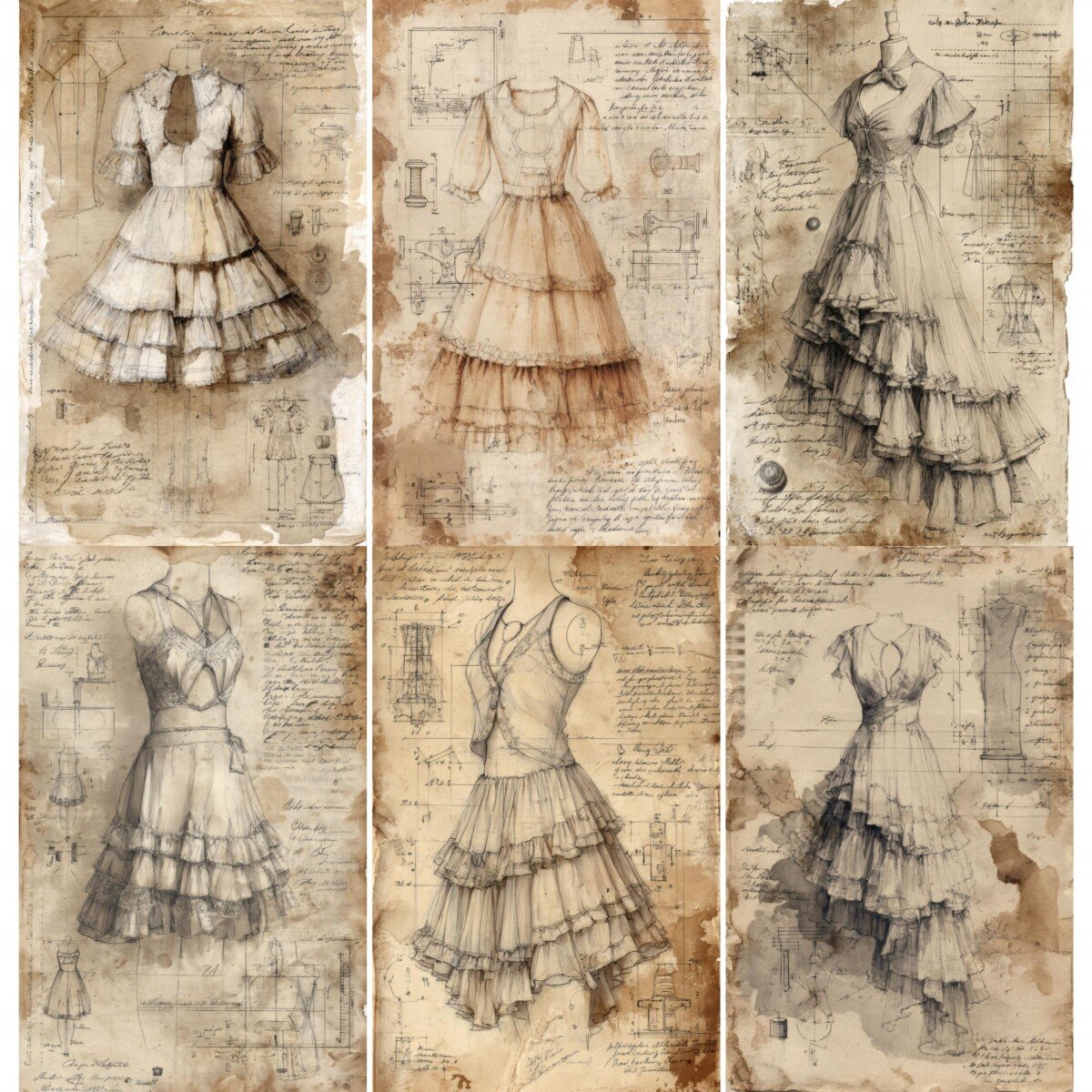 Vintage sewing junk journal pages with ruffled dress sketches and faded notes
