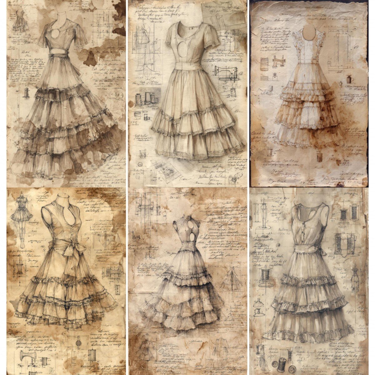 Vintage sewing junk journal pages with ruffled dress sketches and faded notes