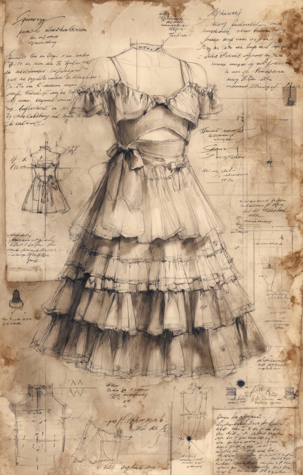 Vintage sewing junk journal pages with ruffled dress sketches and faded notes