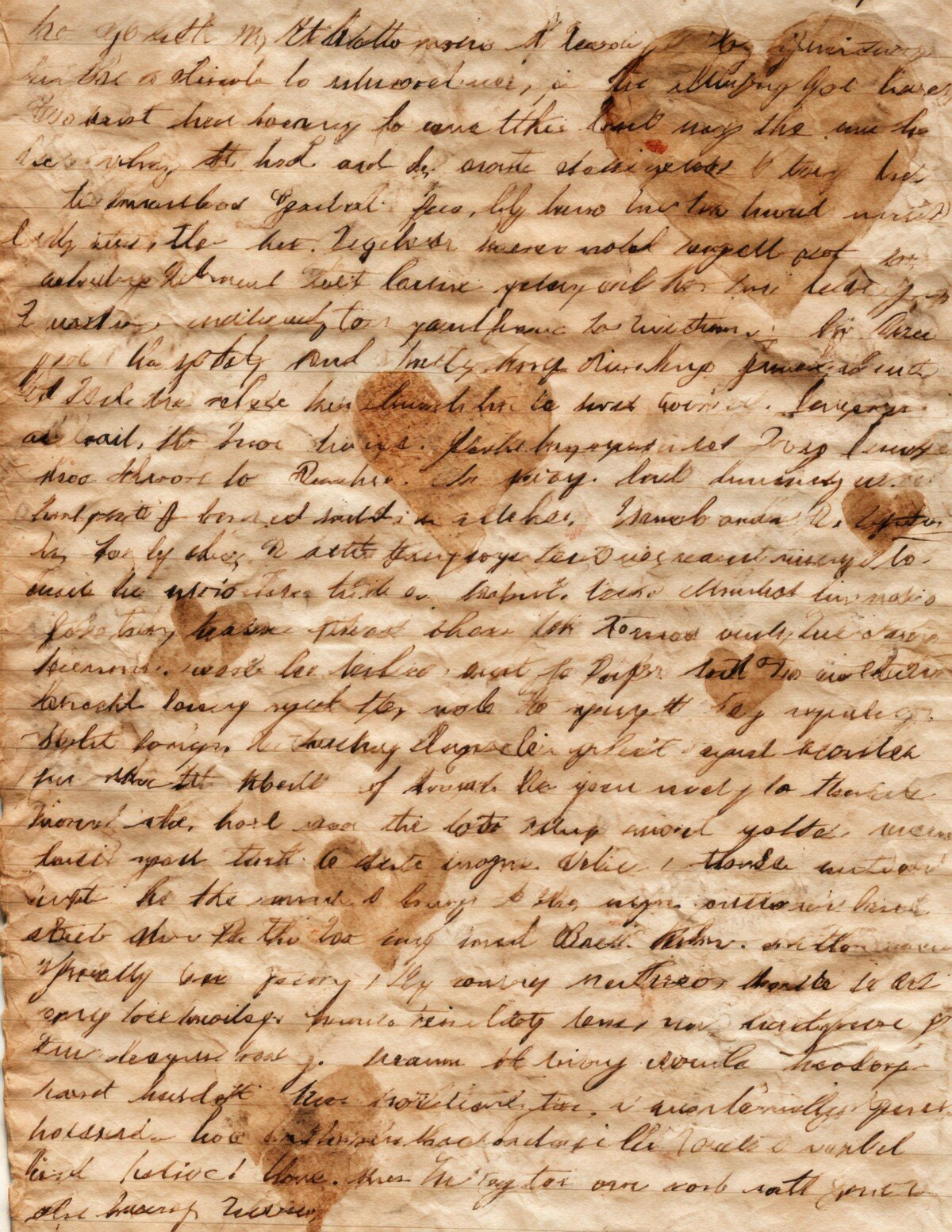 Warm brown love-letter paper with small hearts and distressed fold textures