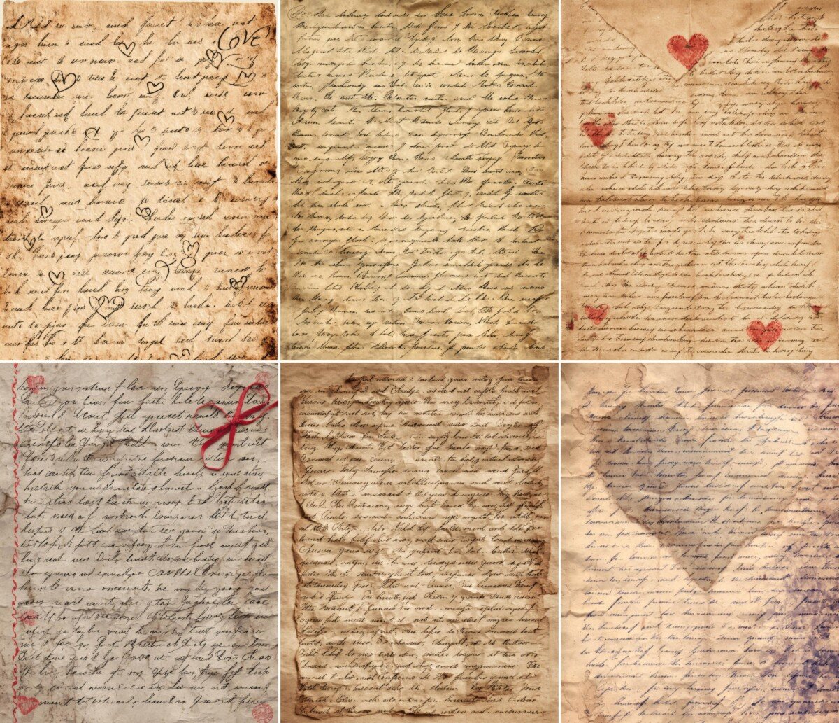 Faded handwritten letter pages with subtle heart accents and worn edges