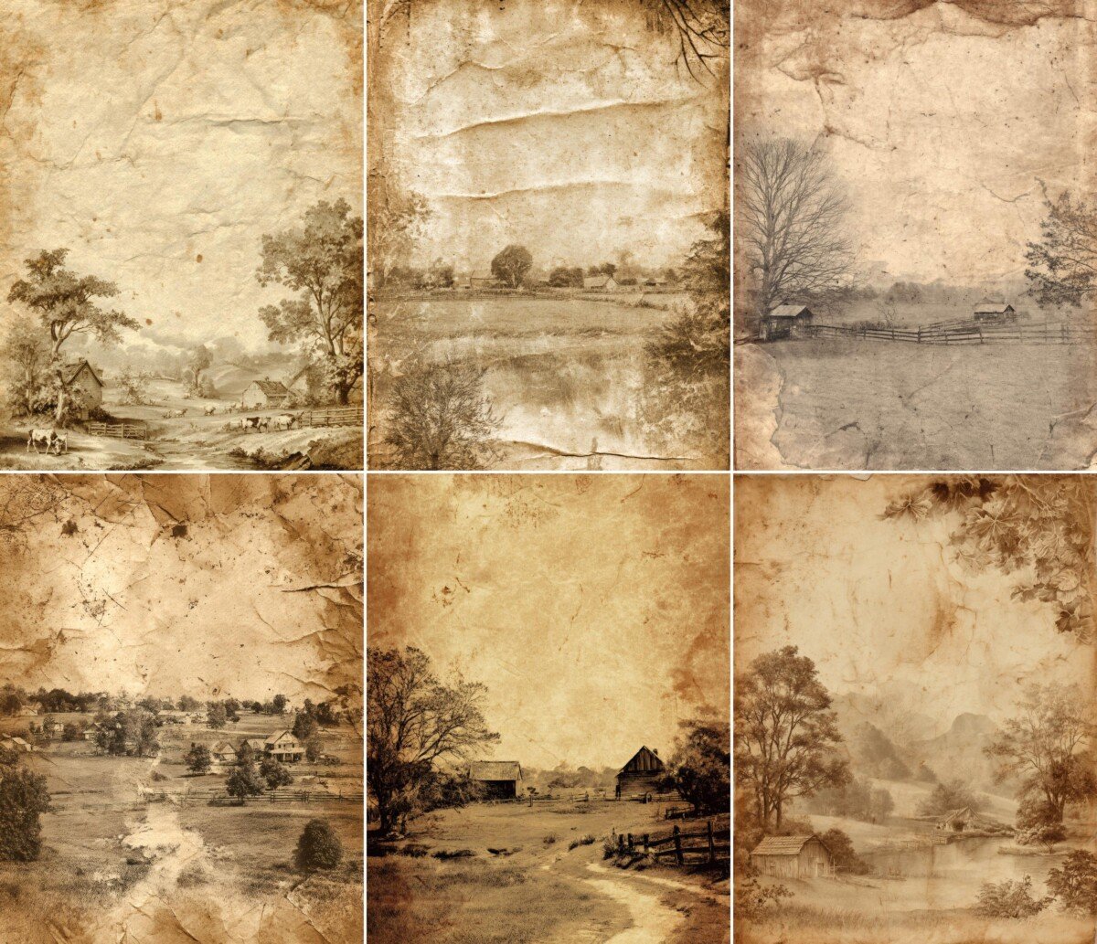 Countryside journal pages with faded farm buildings and aged parchment layers