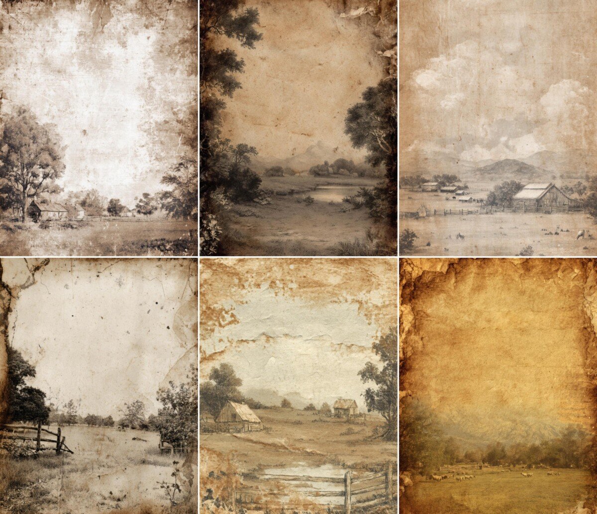 Farm landscape journal pages with weathered parchment and faded rural scenery