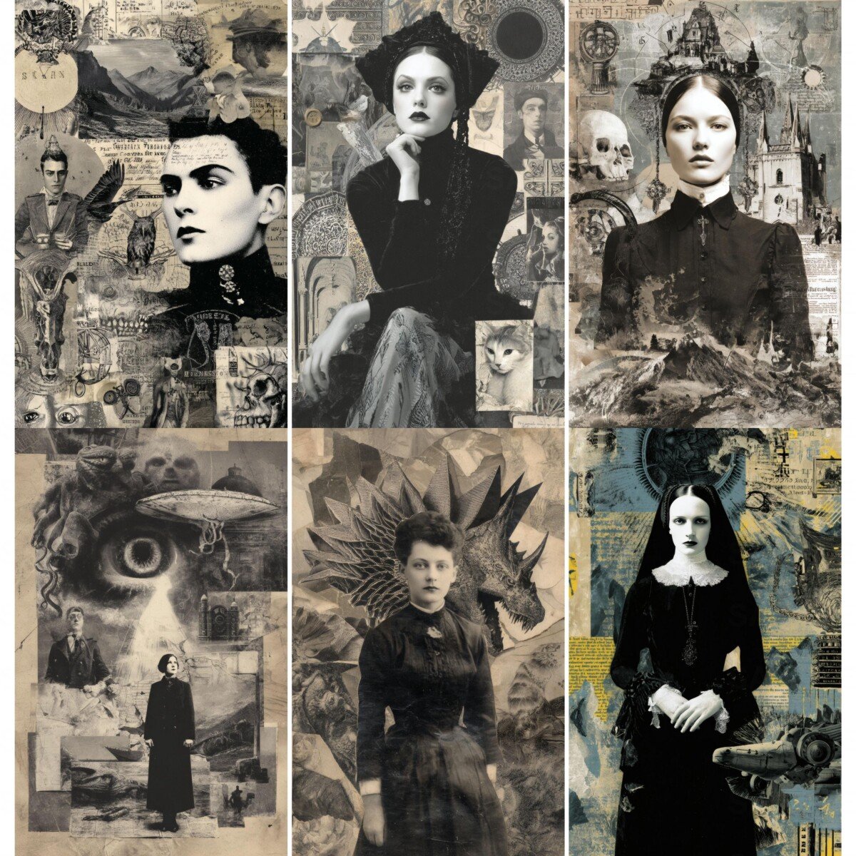 Gothic portrait junk journal pages with dark figures and vintage collage textures
