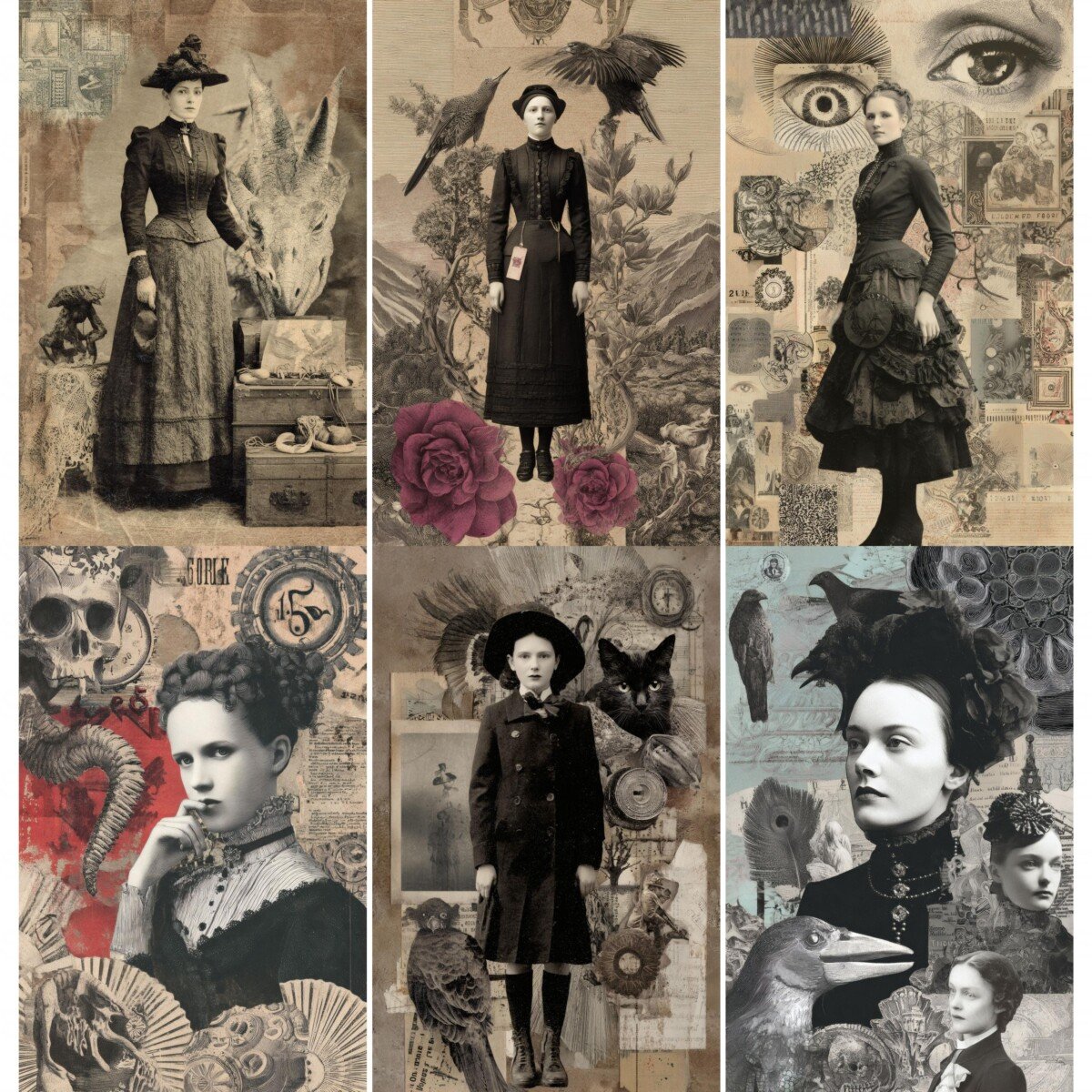 Gothic portrait junk journal pages with dark figures and vintage collage textures
