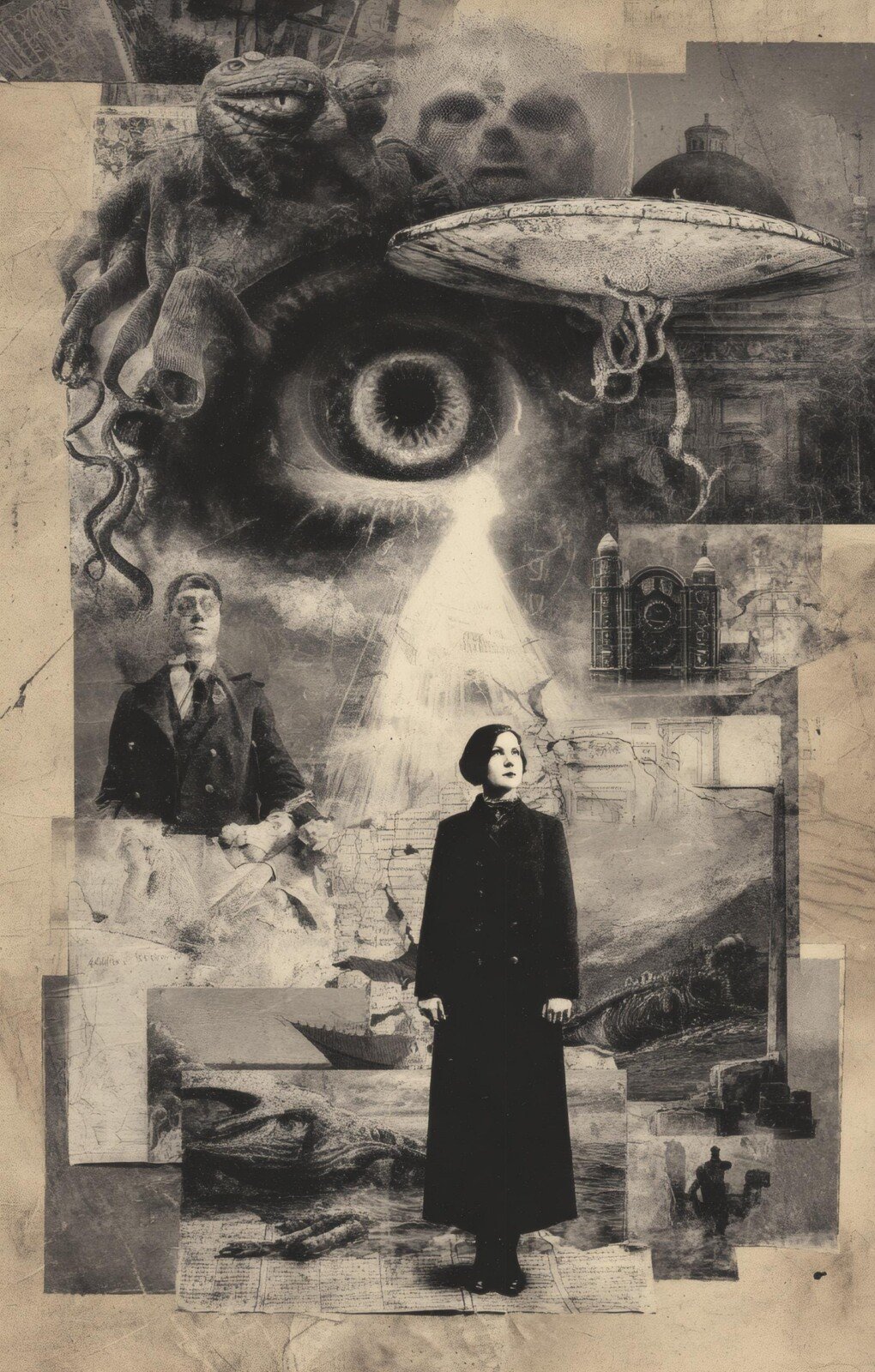 Large eye in a surreal gothic collage on aged paper
