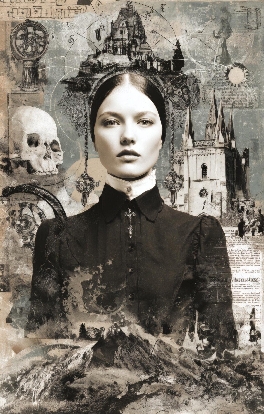 Pale gothic woman portrait with skull and architectural collage details