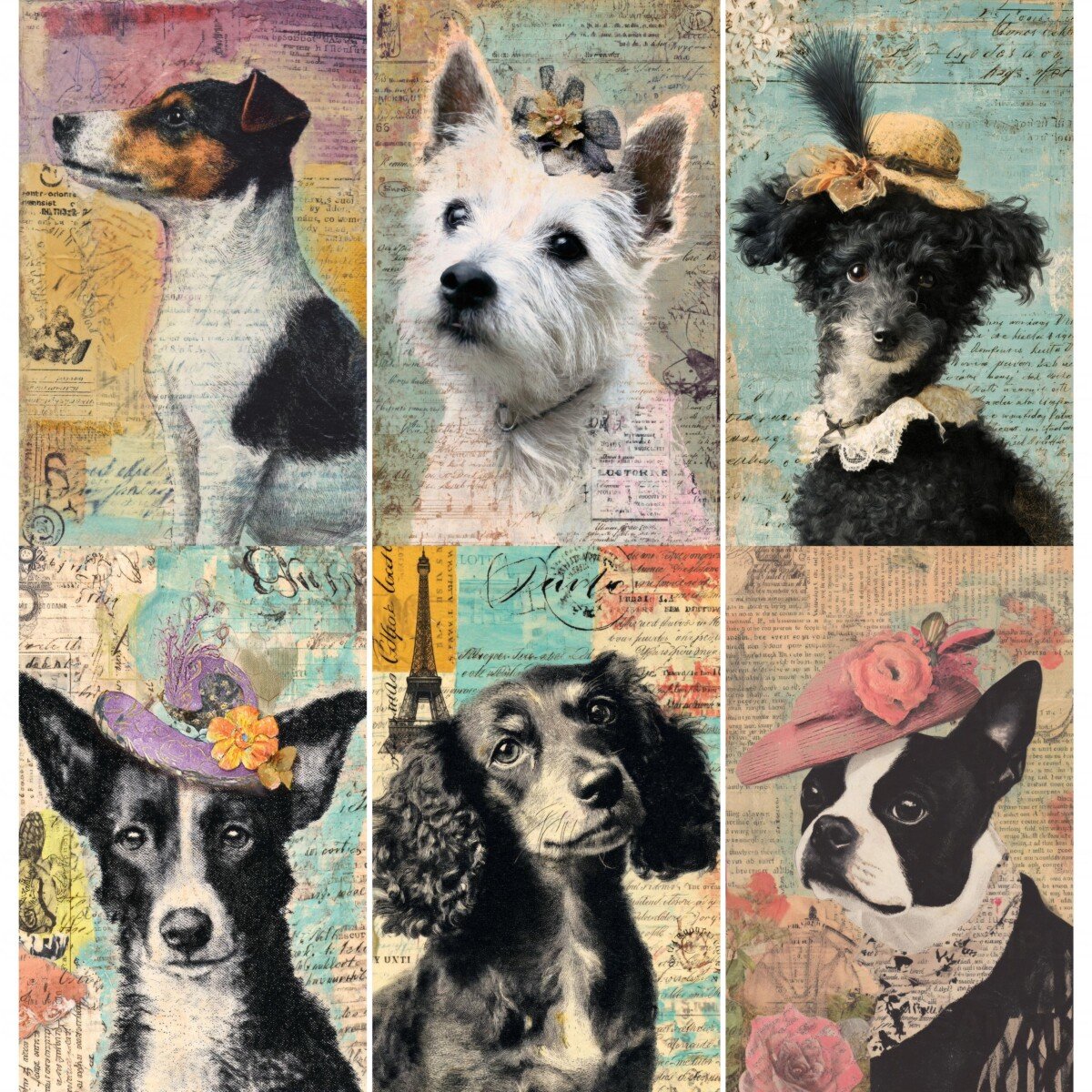 Whimsical dog portraits with vintage paper and decorative hats, preview 5
