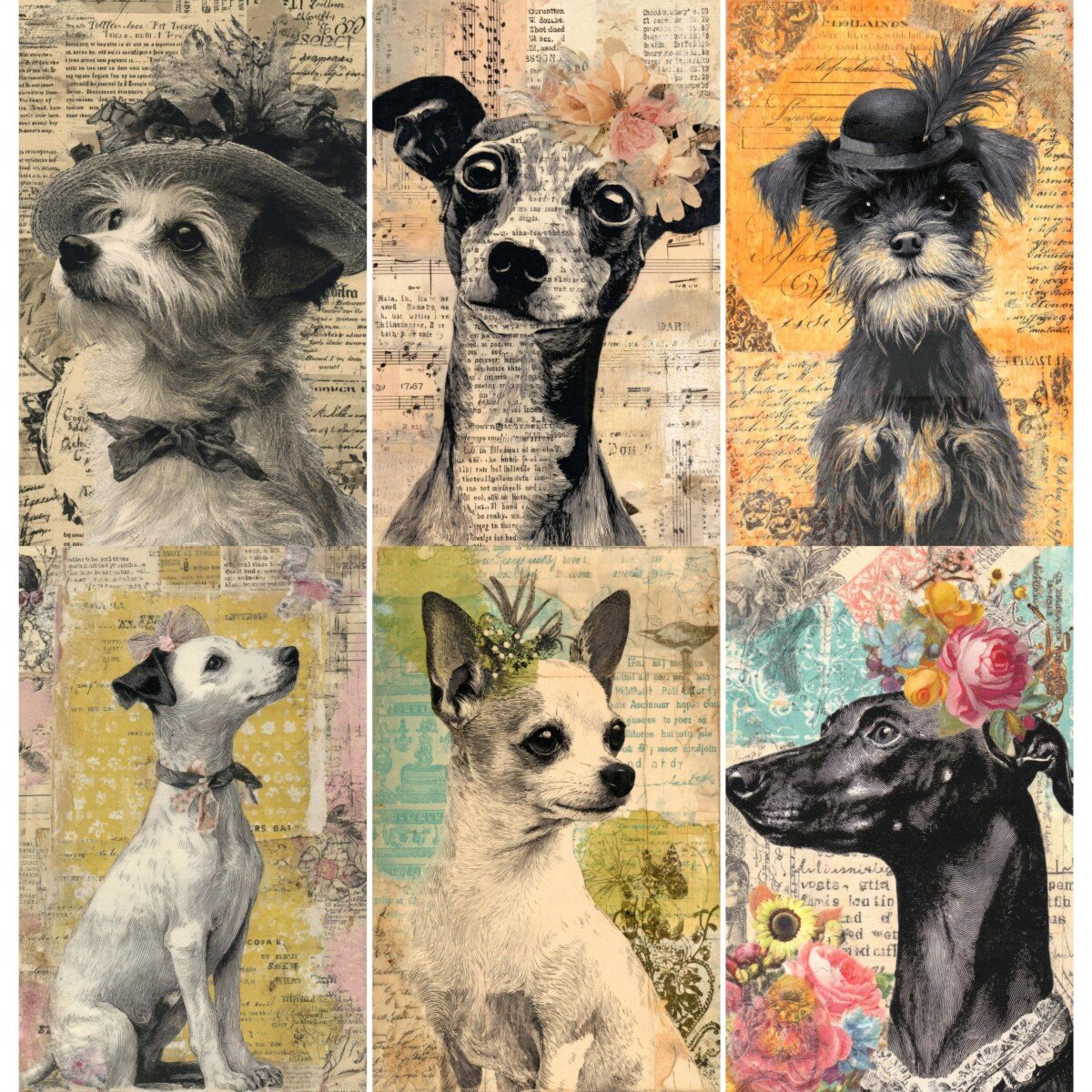 Whimsical dog portraits with vintage paper and decorative hats, preview 3