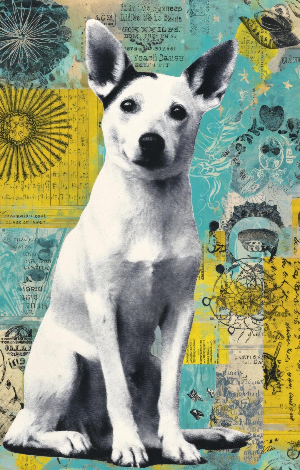 White dog portrait over bright yellow and blue collage paper