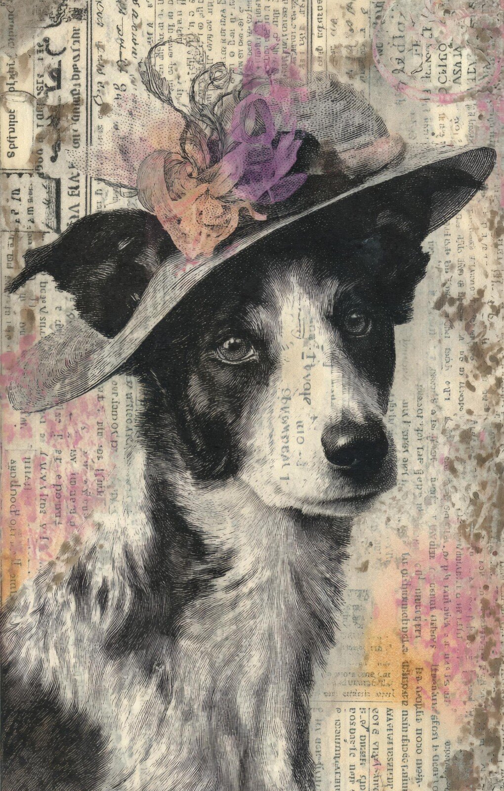 Black and white dog wearing a flower-trimmed hat over vintage text