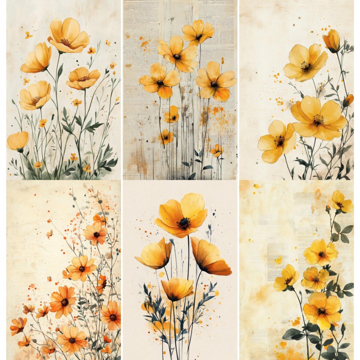 Soft yellow botanical illustrations with fine green stems