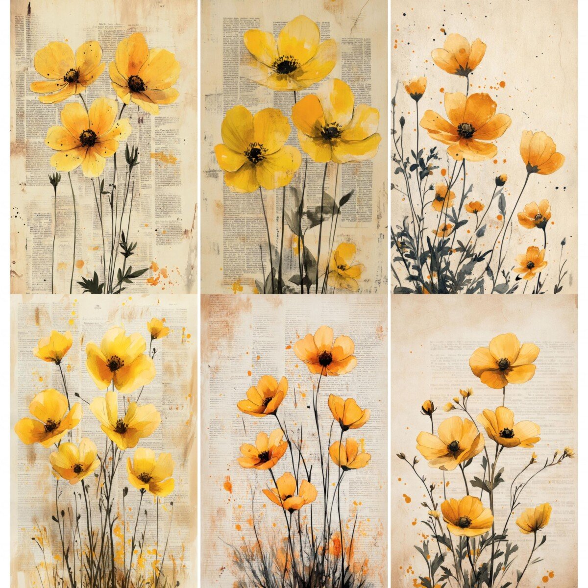 Yellow floral arrangements on aged botanical papers