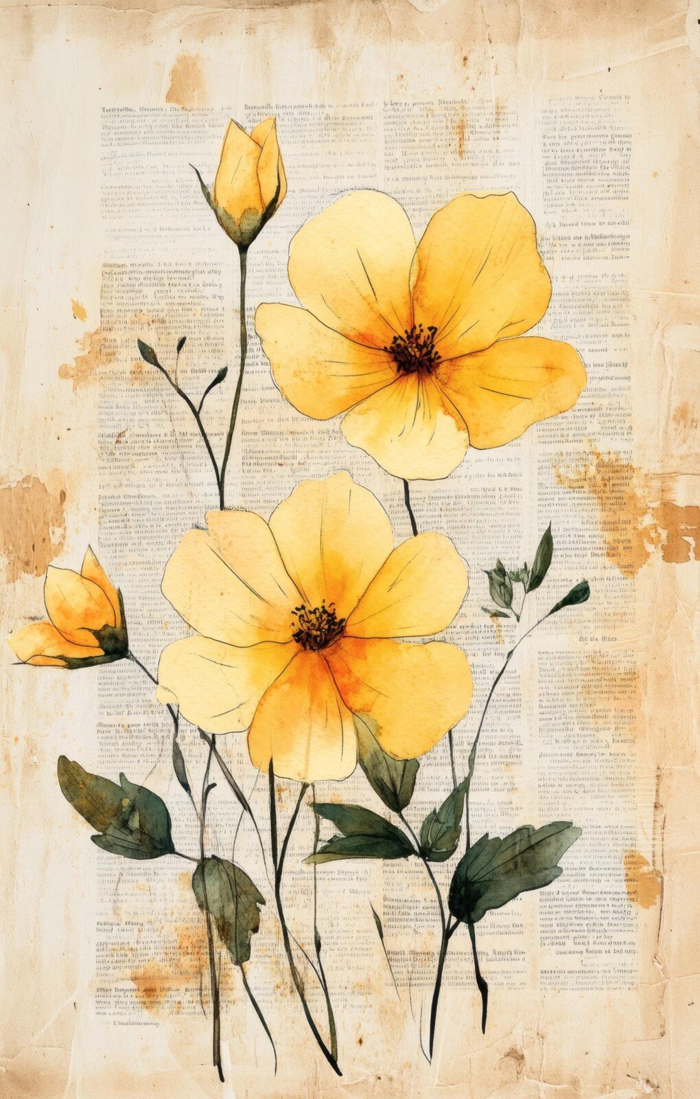 Yellow blossoms over faded text and cream paper