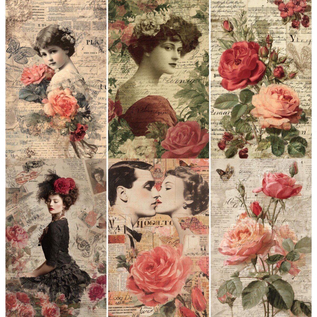 Romantic portrait collage with red and pink roses