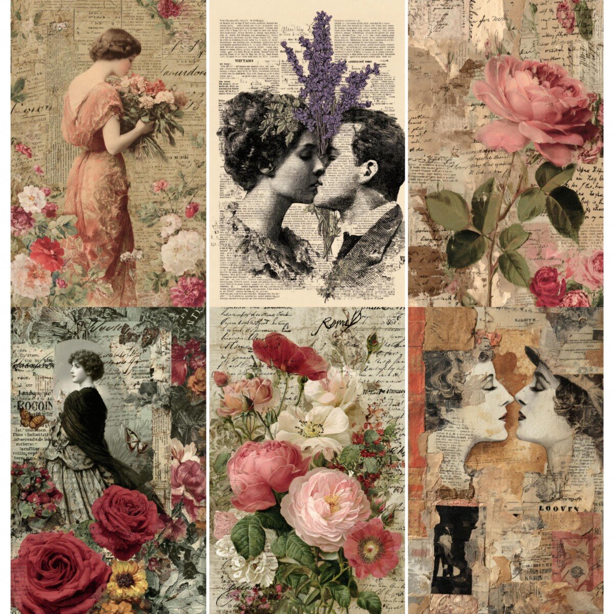 Romantic couple portraits and flowers on aged paper