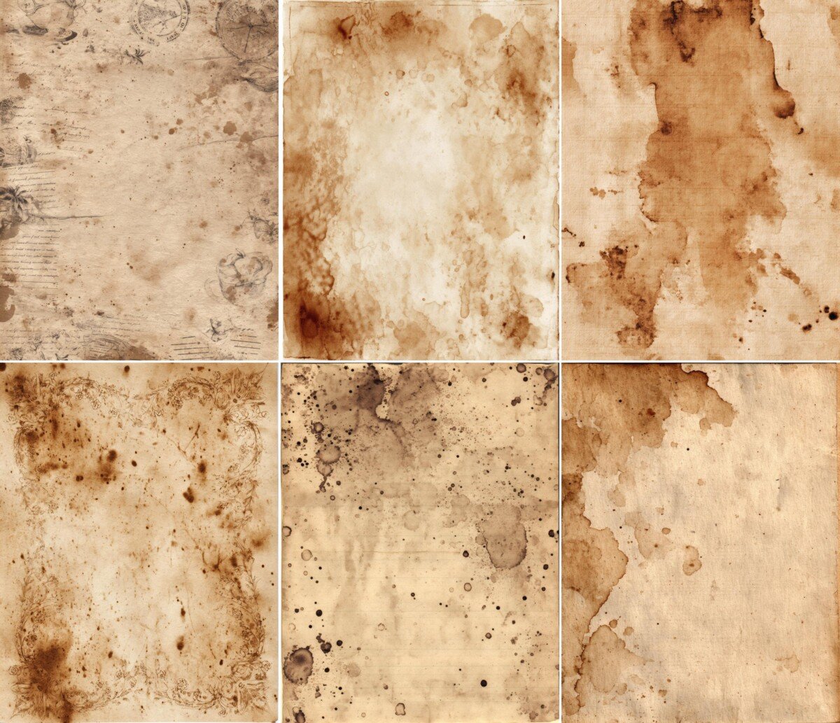 Vintage stained papers with pale centers and weathered margins