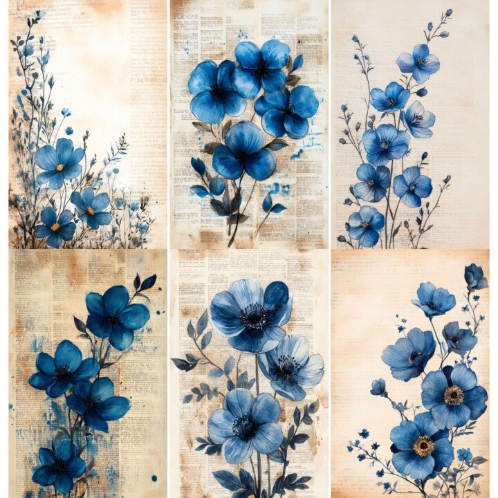 blue – 52 Blue Floral Junk Journal Pages