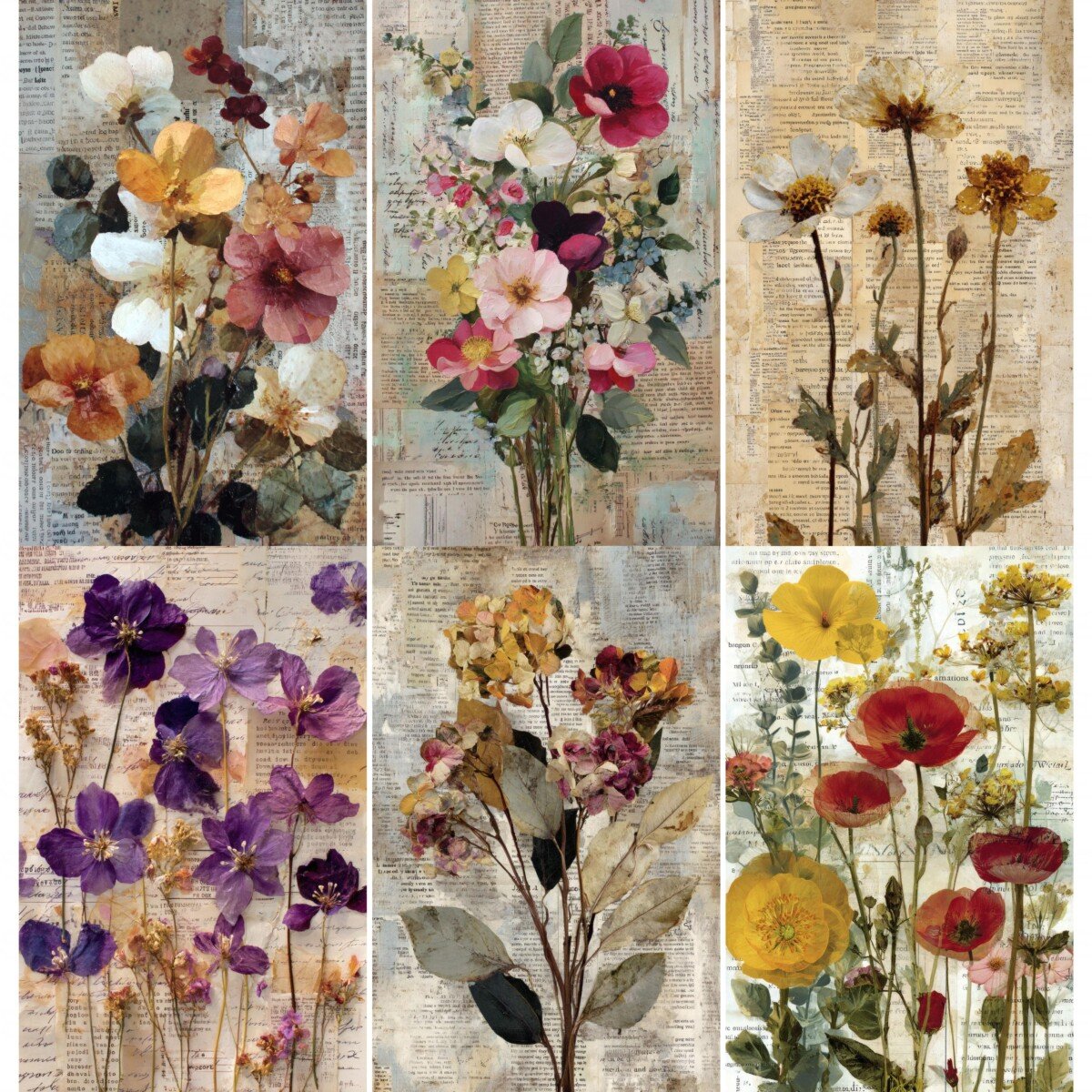 Pressed flower junk journal page preview with floral collage and aged text backgrounds