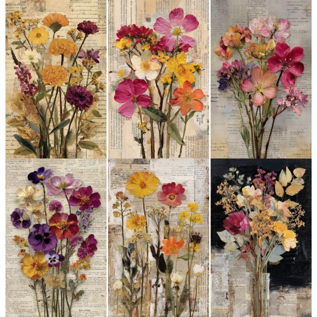 Pressed flower junk journal page preview with floral collage and aged text backgrounds