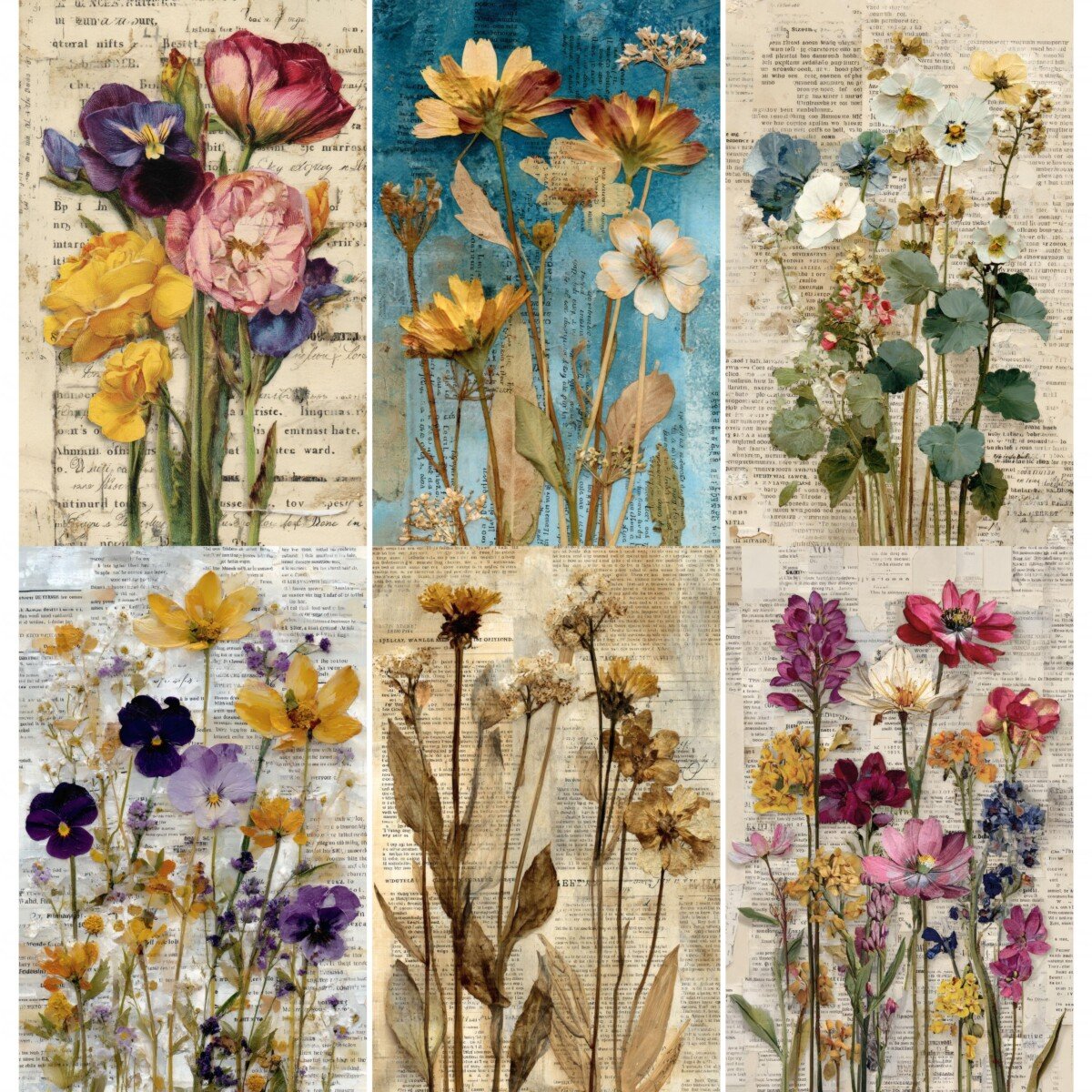 Pressed flower junk journal pages with colorful blooms over vintage handwriting and printed text