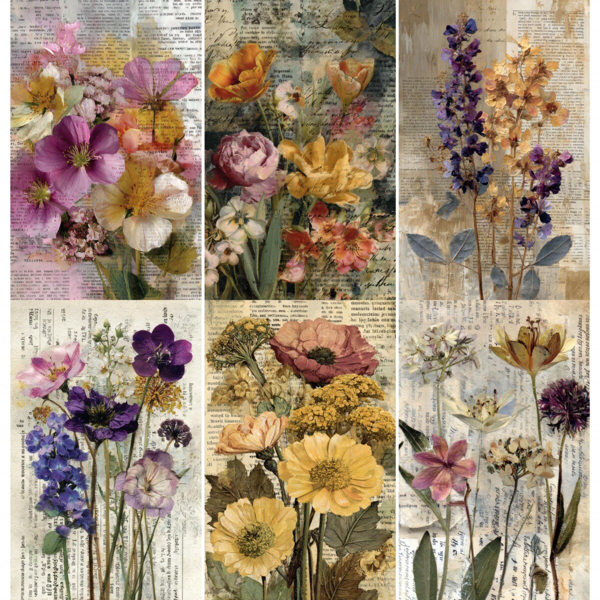Pressed flower junk journal page preview with floral collage and aged text backgrounds