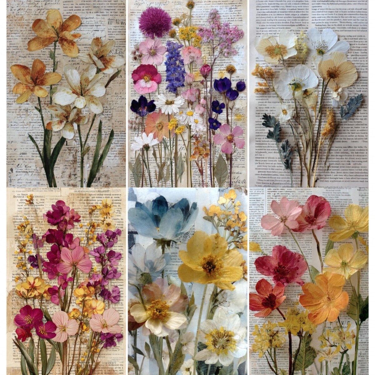 Pressed flower junk journal page preview with floral collage and aged text backgrounds