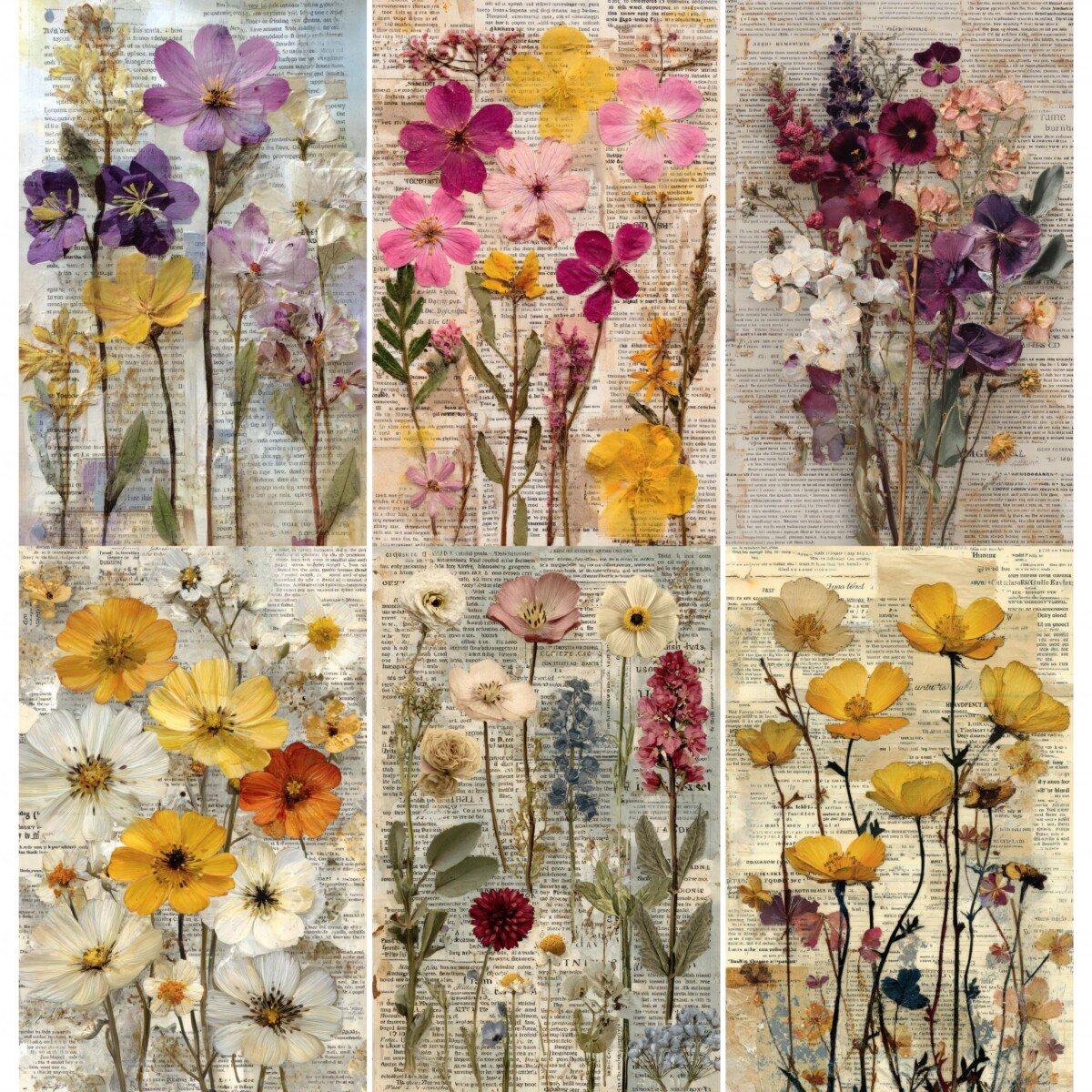 Pressed flower junk journal page preview with floral collage and aged text backgrounds
