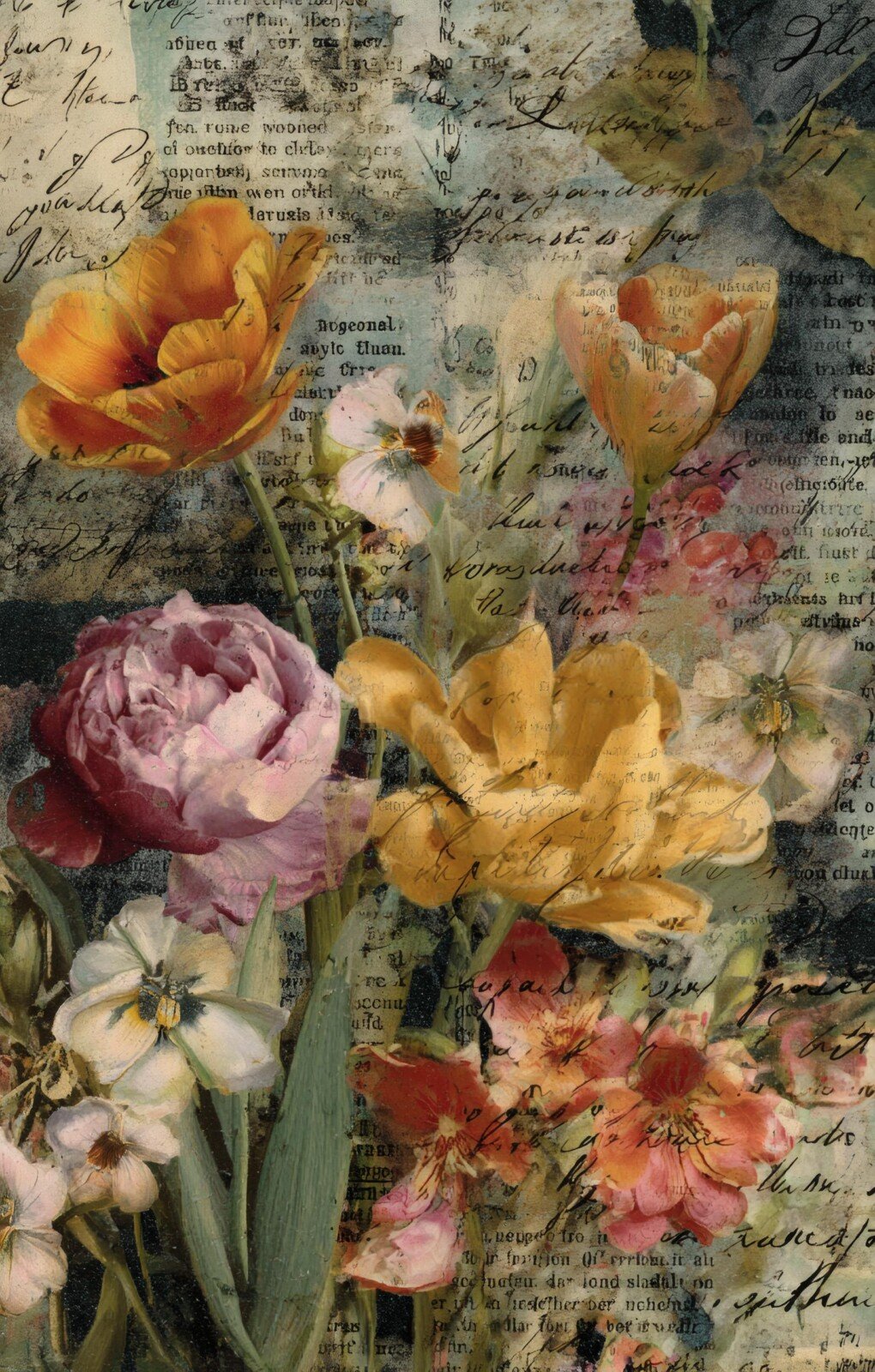 Pressed flower junk journal page preview with floral collage and aged text backgrounds