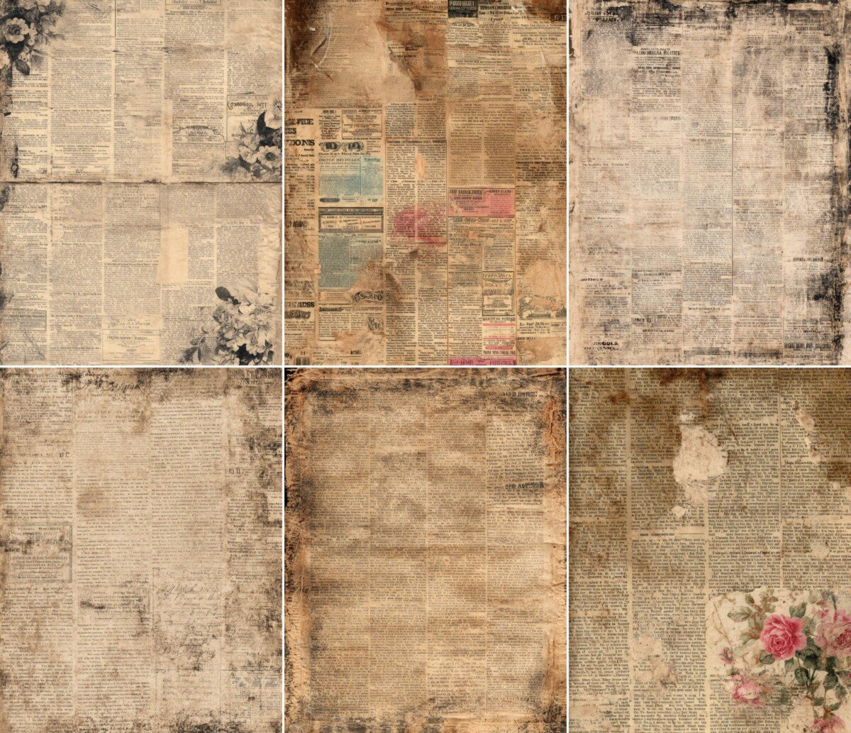 Vintage paper collage pages with faded advertisements and sepia shading