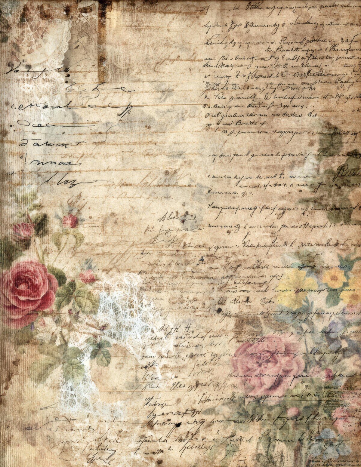 Vintage handwritten paper with small floral accents and faded print texture