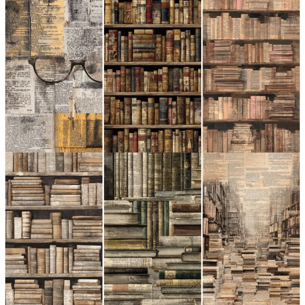 Library junk journal pages with antique bookshelves and vintage text textures