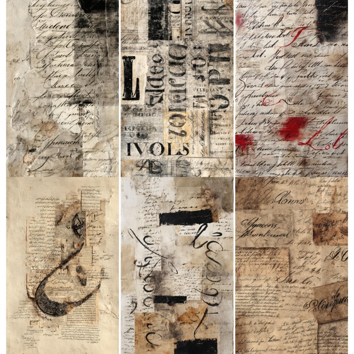 Vintage script collage scrapbook paper with distressed textures – preview 5
