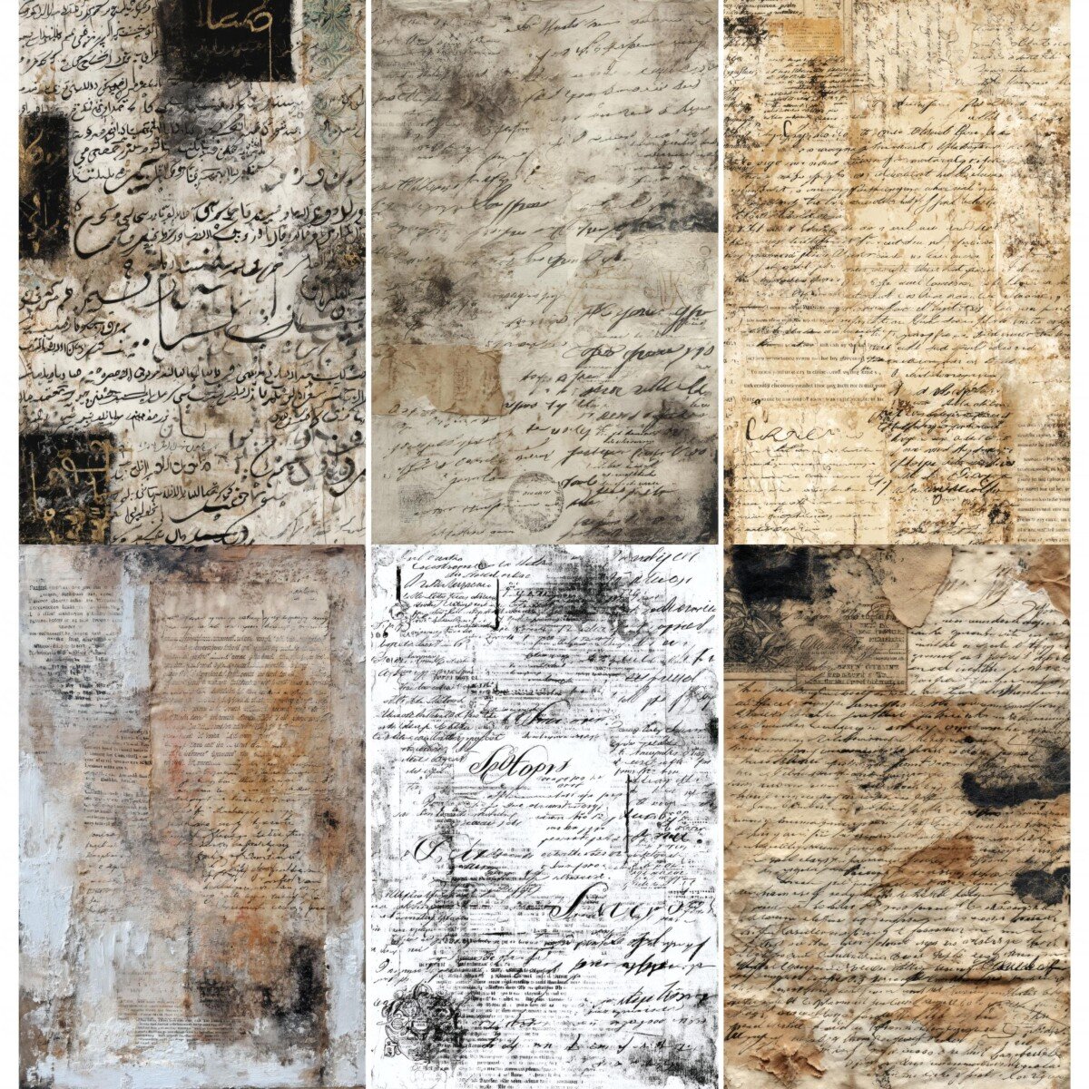 Vintage script collage scrapbook paper with distressed textures – preview 2