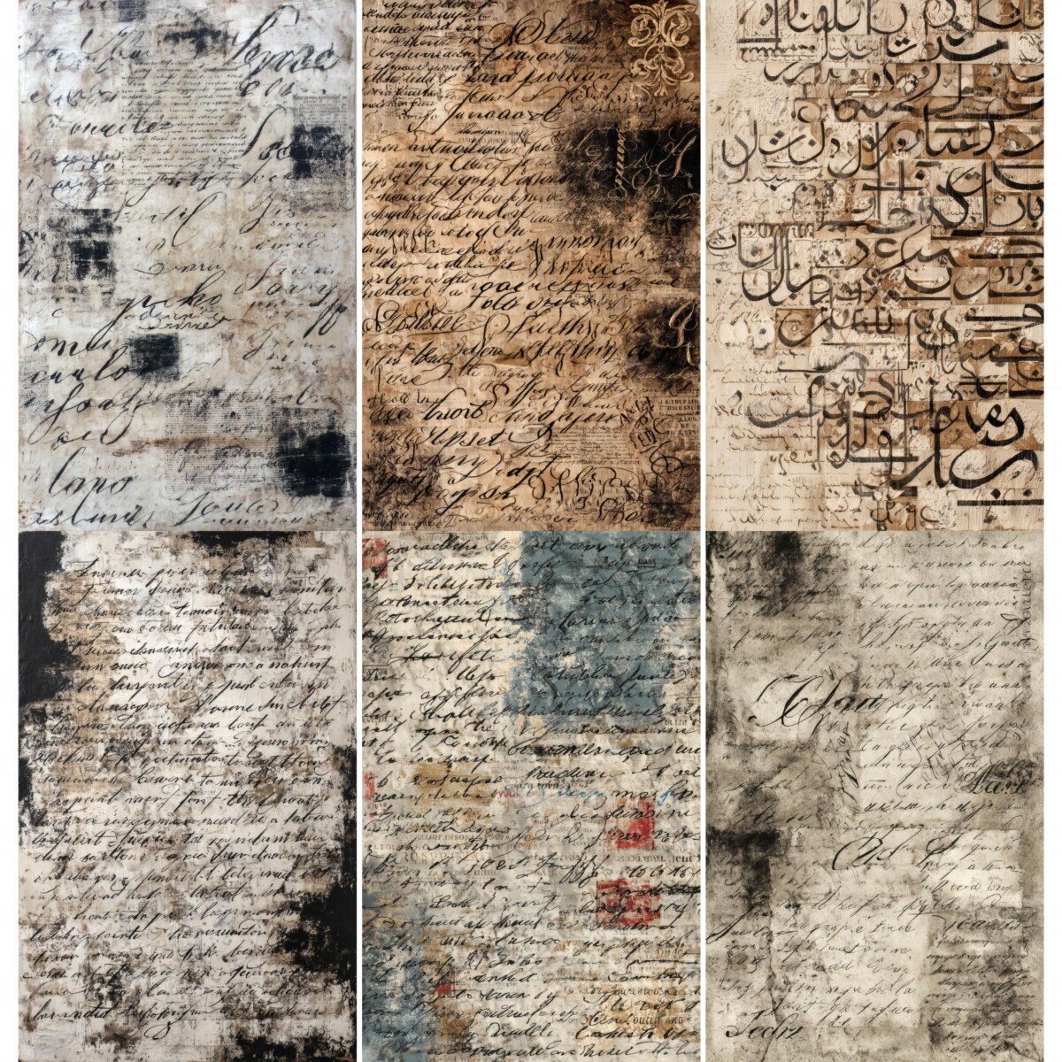 Calligraphy junk journal pages with layered vintage script and aged paper textures
