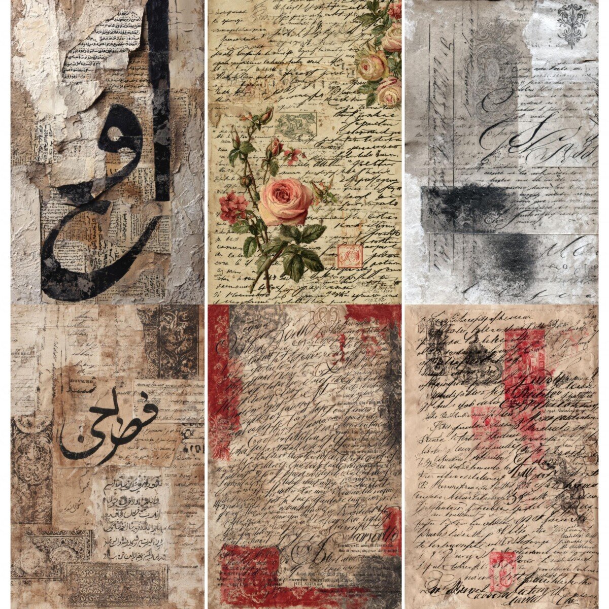 Vintage script collage scrapbook paper with distressed textures – preview 8
