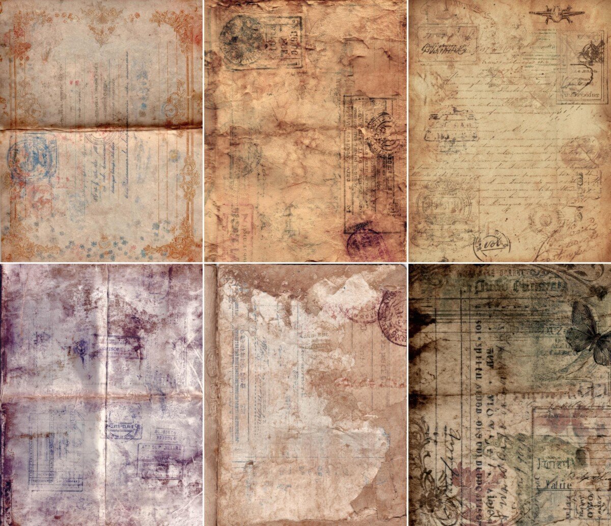 Vintage passport-inspired journal papers with faded stamps and sepia document textures