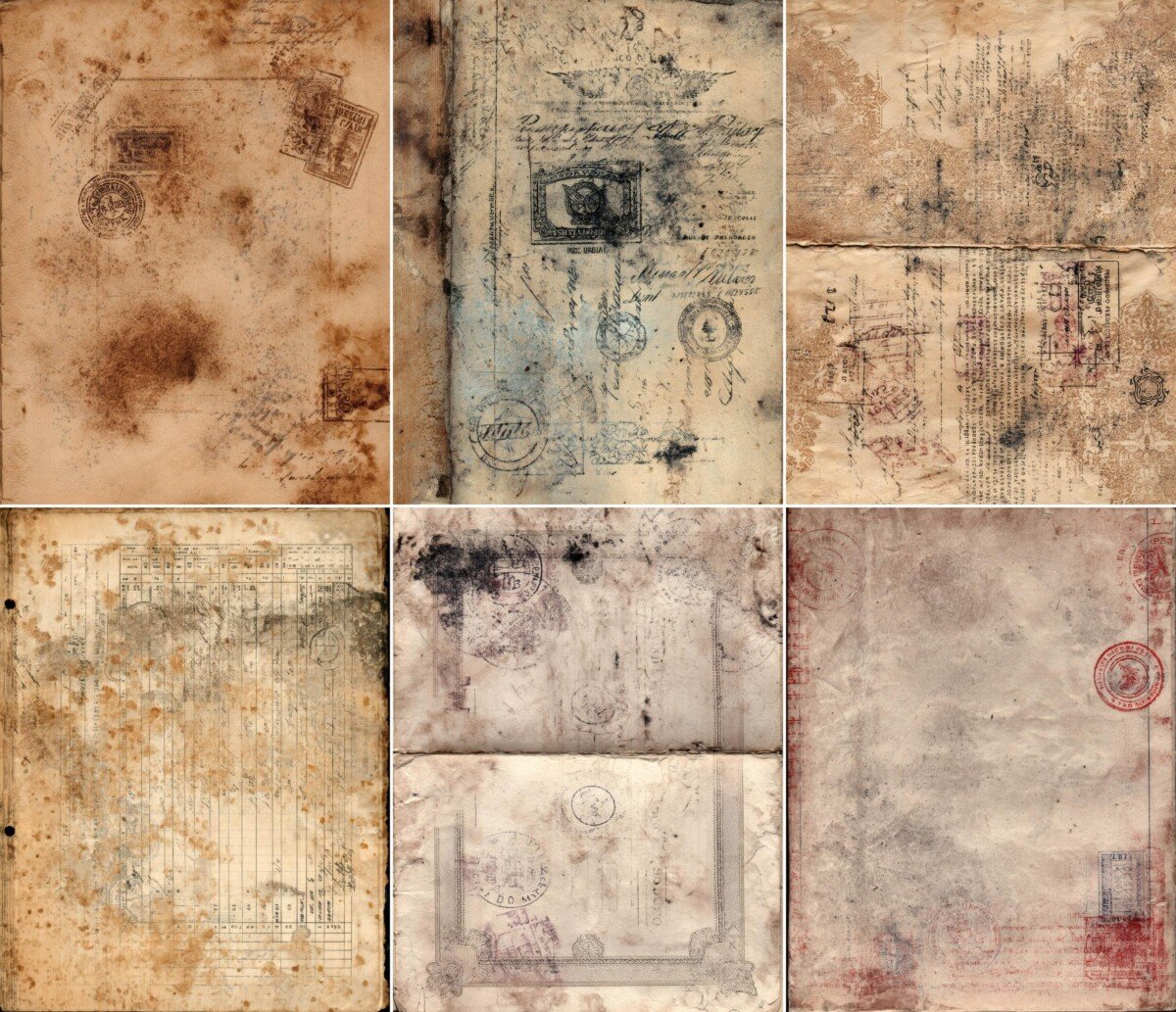 Weathered passport-inspired papers with faded seals and framed details