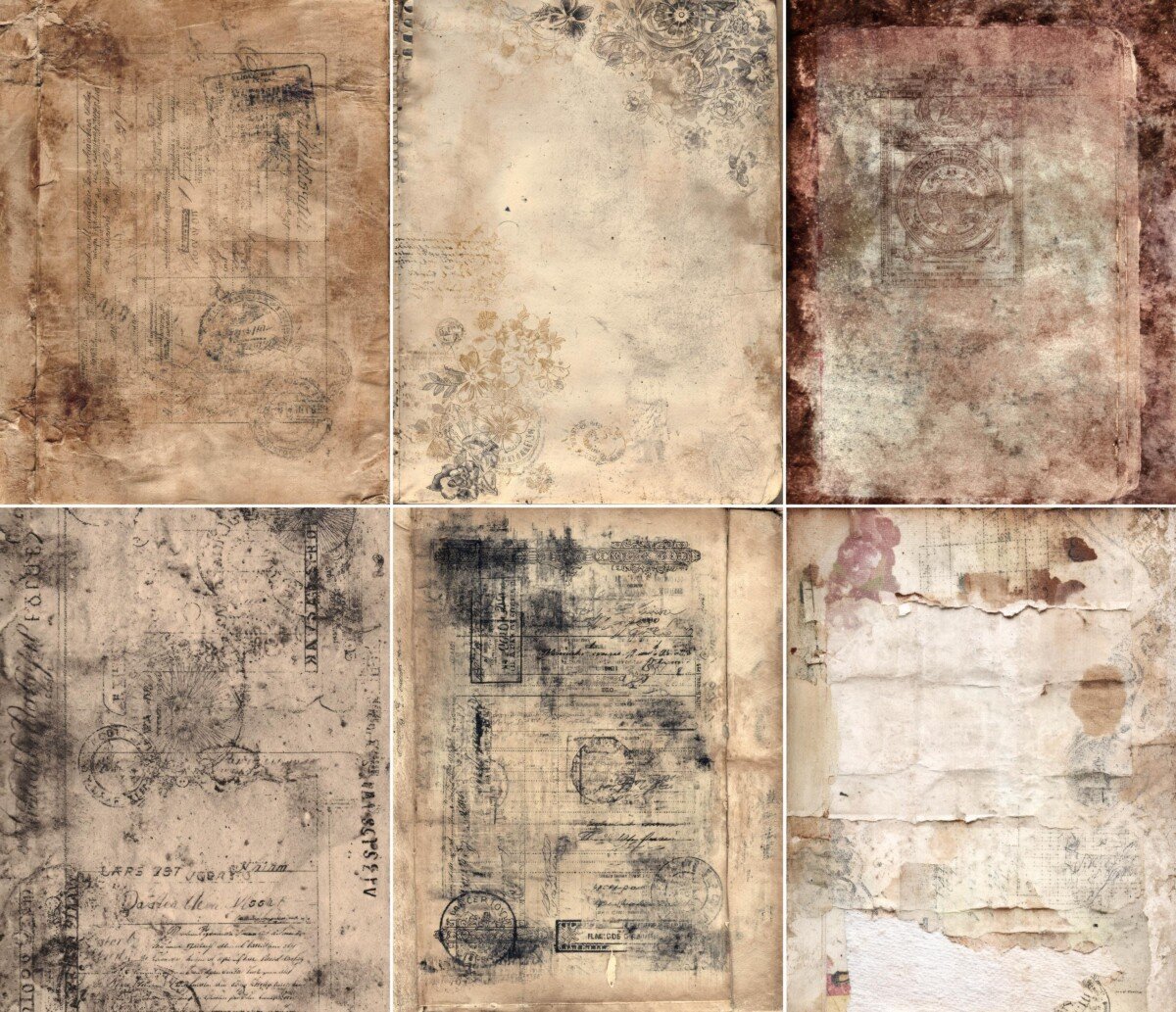 Sepia passport-style journal backgrounds with worn surfaces and decorative handwriting