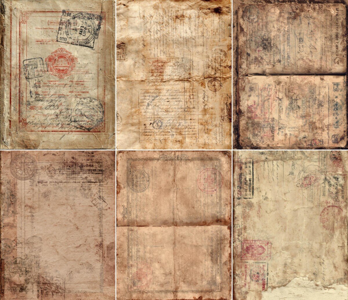 Distressed document backgrounds with aged ink and worn page edges