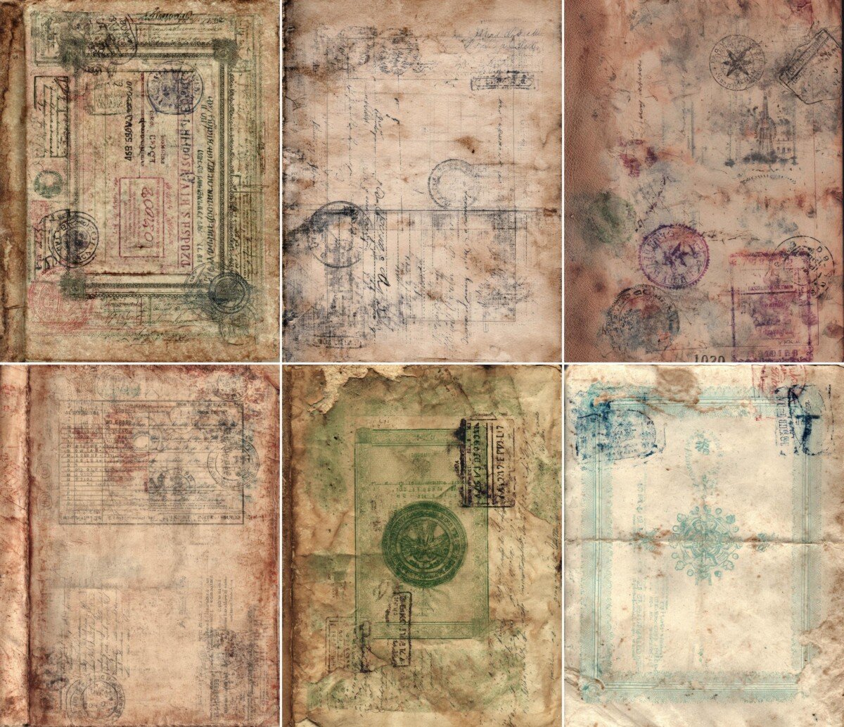 Vintage passport-style paper previews with framed panels and faded script