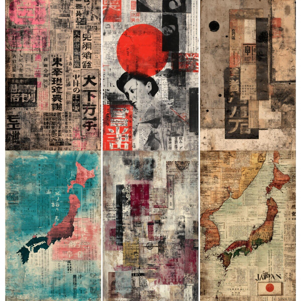 Vintage-style poster fragments, red circles and teal collage textures