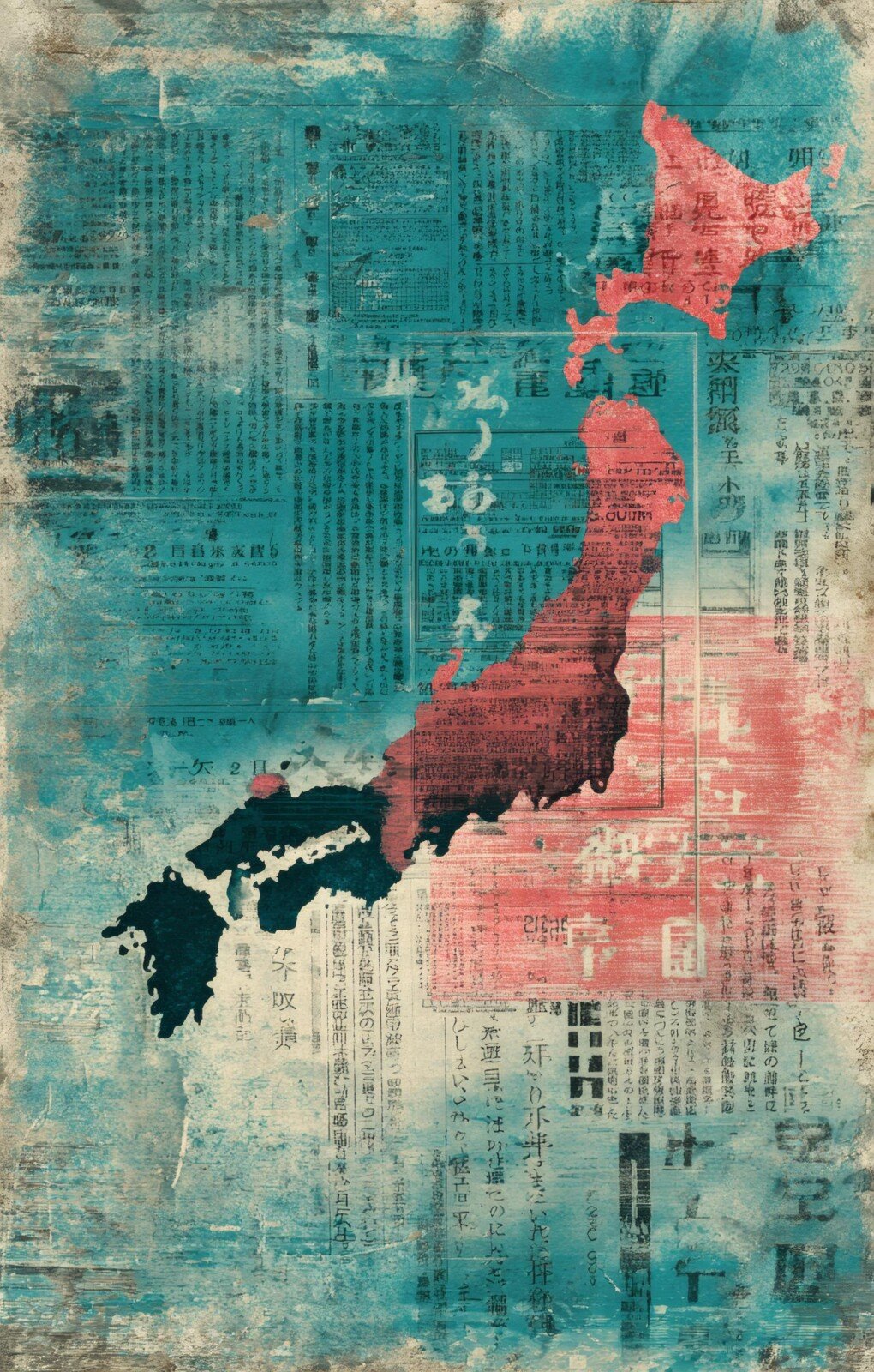 Distressed teal and red collage artwork with a Japan-shaped motif