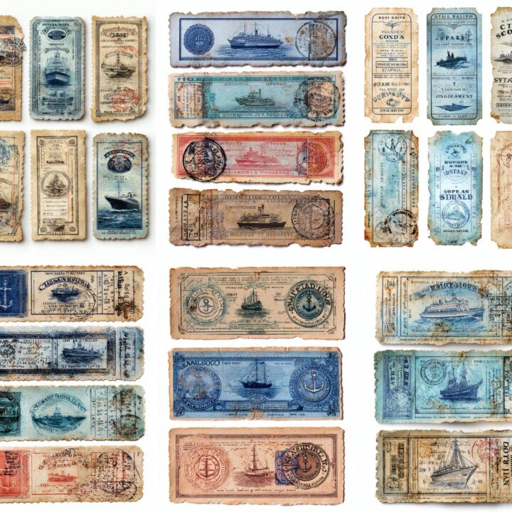 steamship – 148 Steamship Travel Vouchers, Ocean Liner Ticket Junk Journal Kit, Maritime Ephemera Labels Pack, Retro Nautical, Digital Download
