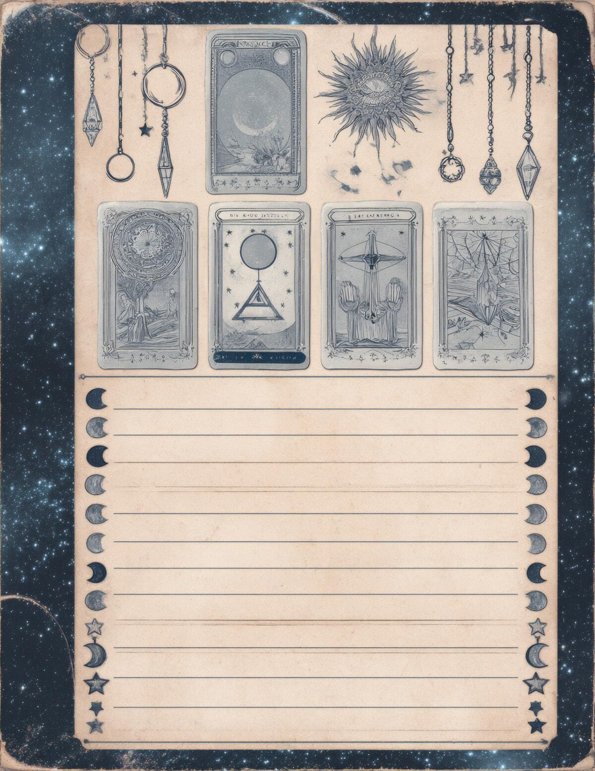 Divination-themed page with card-like illustrations, pendulums and lined cream space