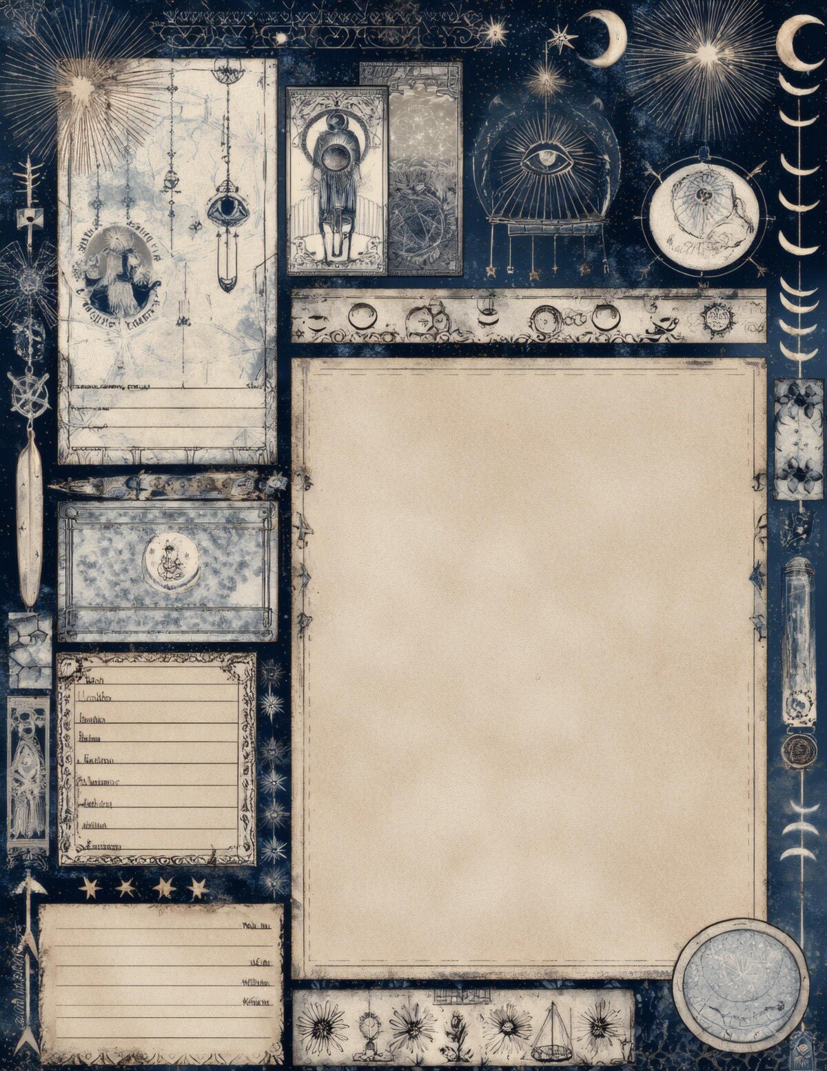 Tarot paper close-up with an ivory panel beneath ornate celestial details
