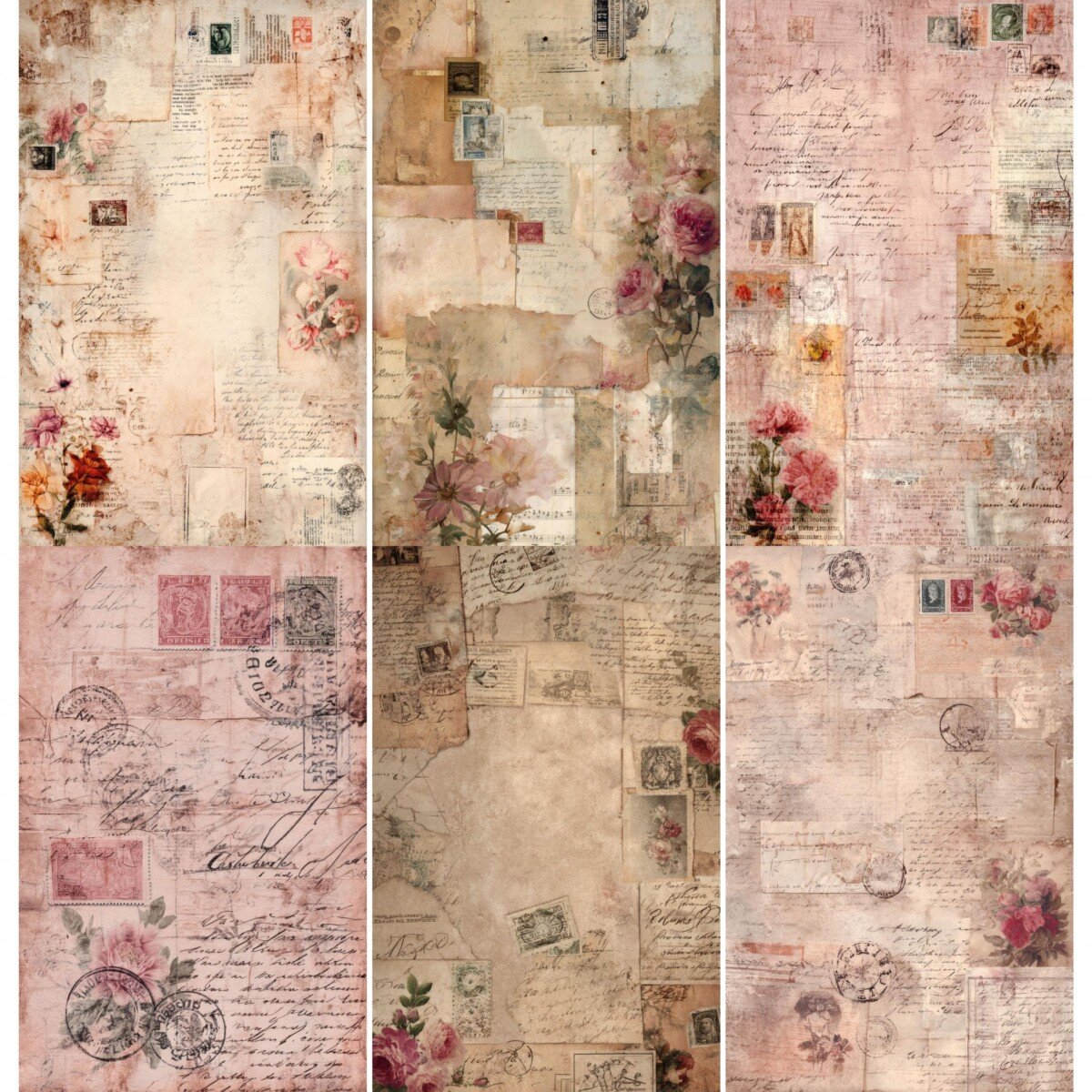 Vintage postal collage digital paper preview with floral details and faded script