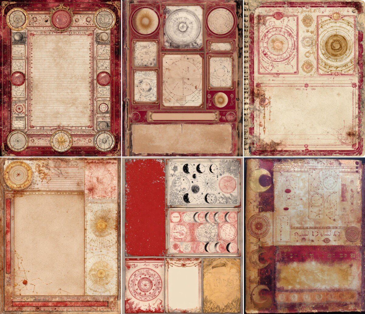 Crimson oracle journal pages with celestial diagrams and ivory writing panels