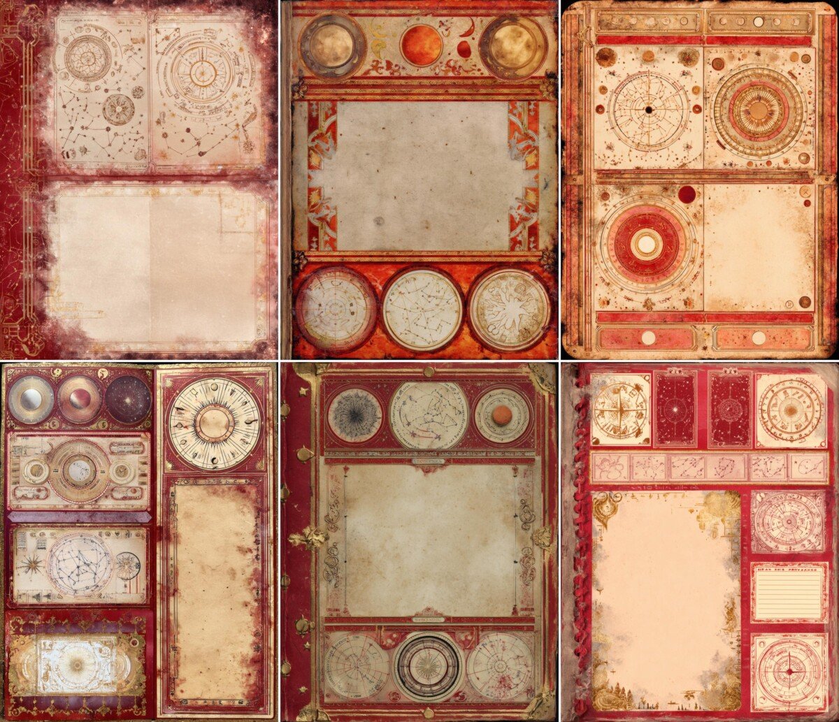 Cream writing panels surrounded by crimson celestial ornament